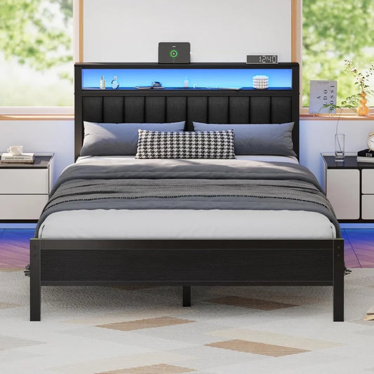 Bed Frame With Charging Station And LED Lights Platform Bed