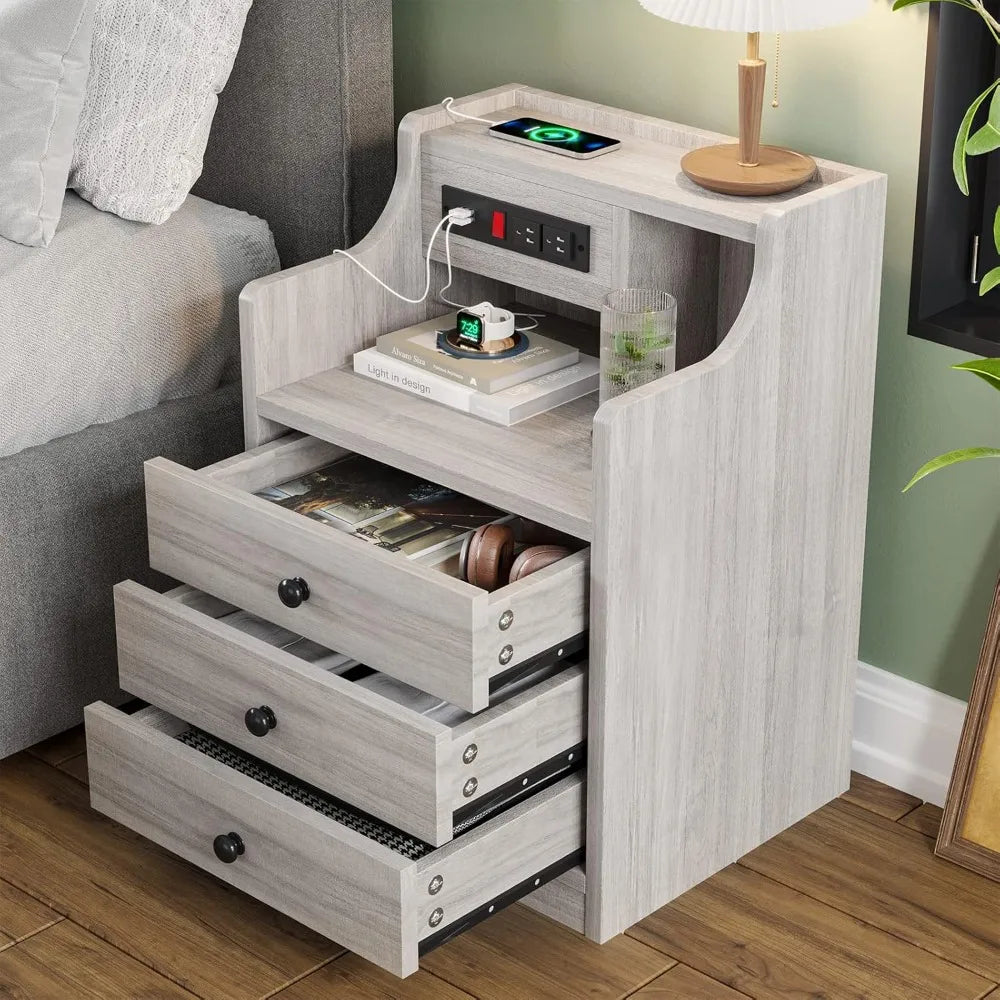 Nightstand With Charging Station And Hutch Storage Drawers