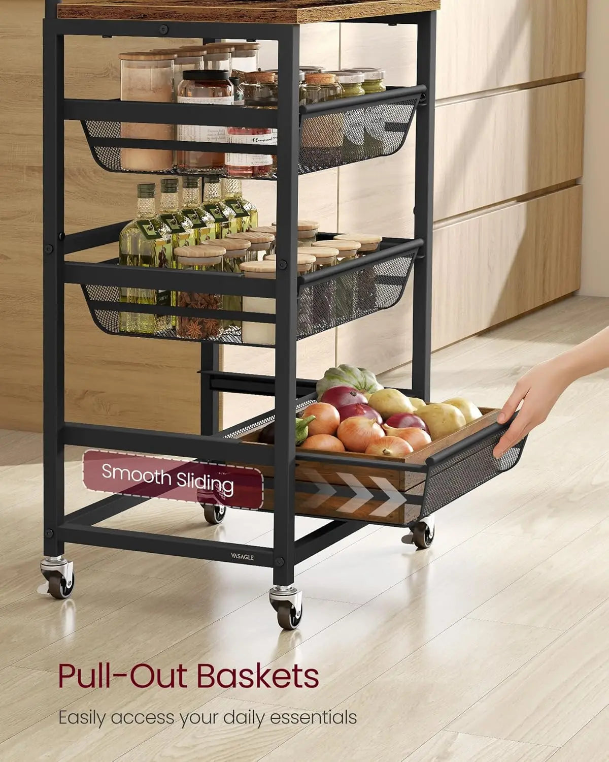Four-Tier Rolling Kitchen Cart With Pull-Out Baskets And Wheels