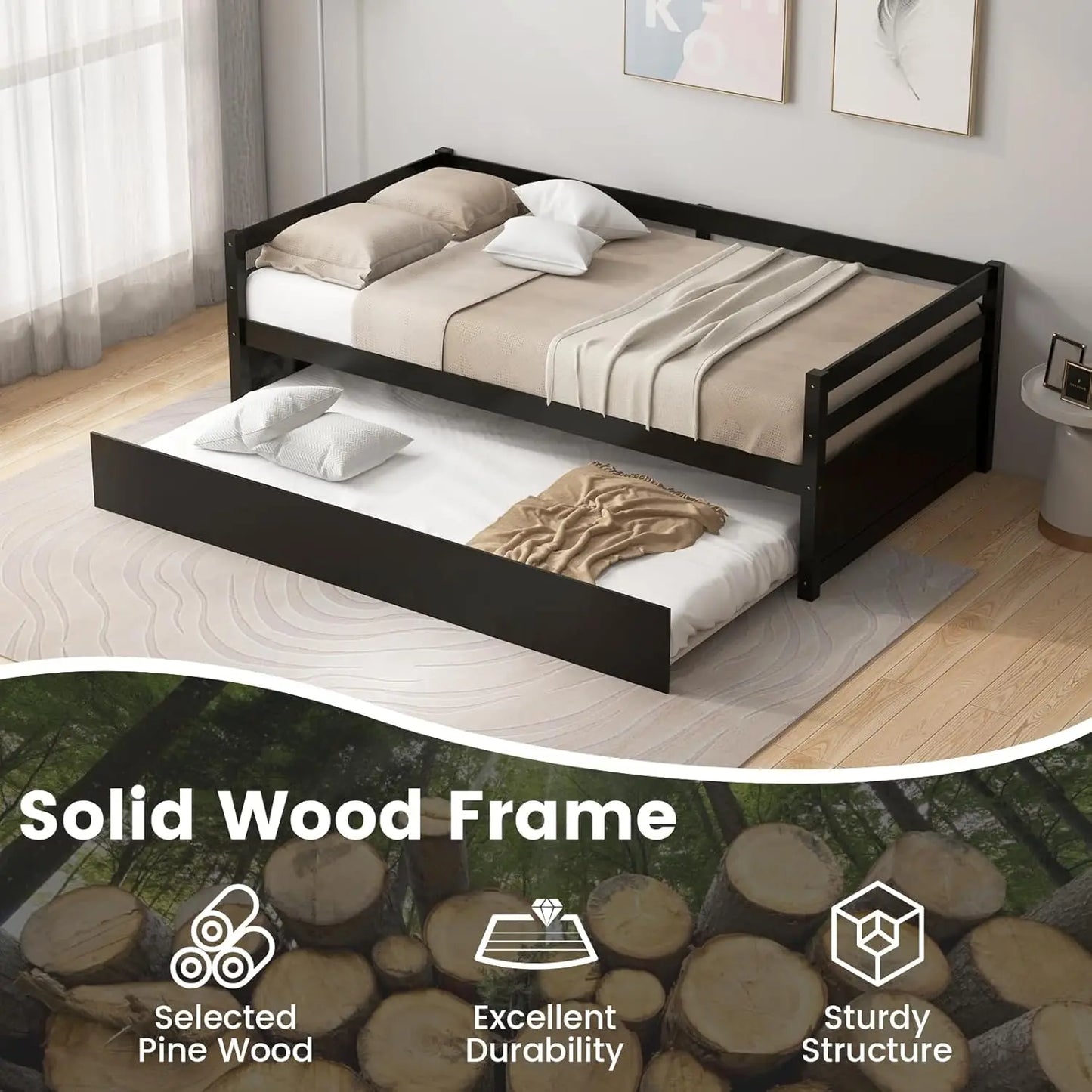 BIANXIANG Wood Trundle Daybed Frame