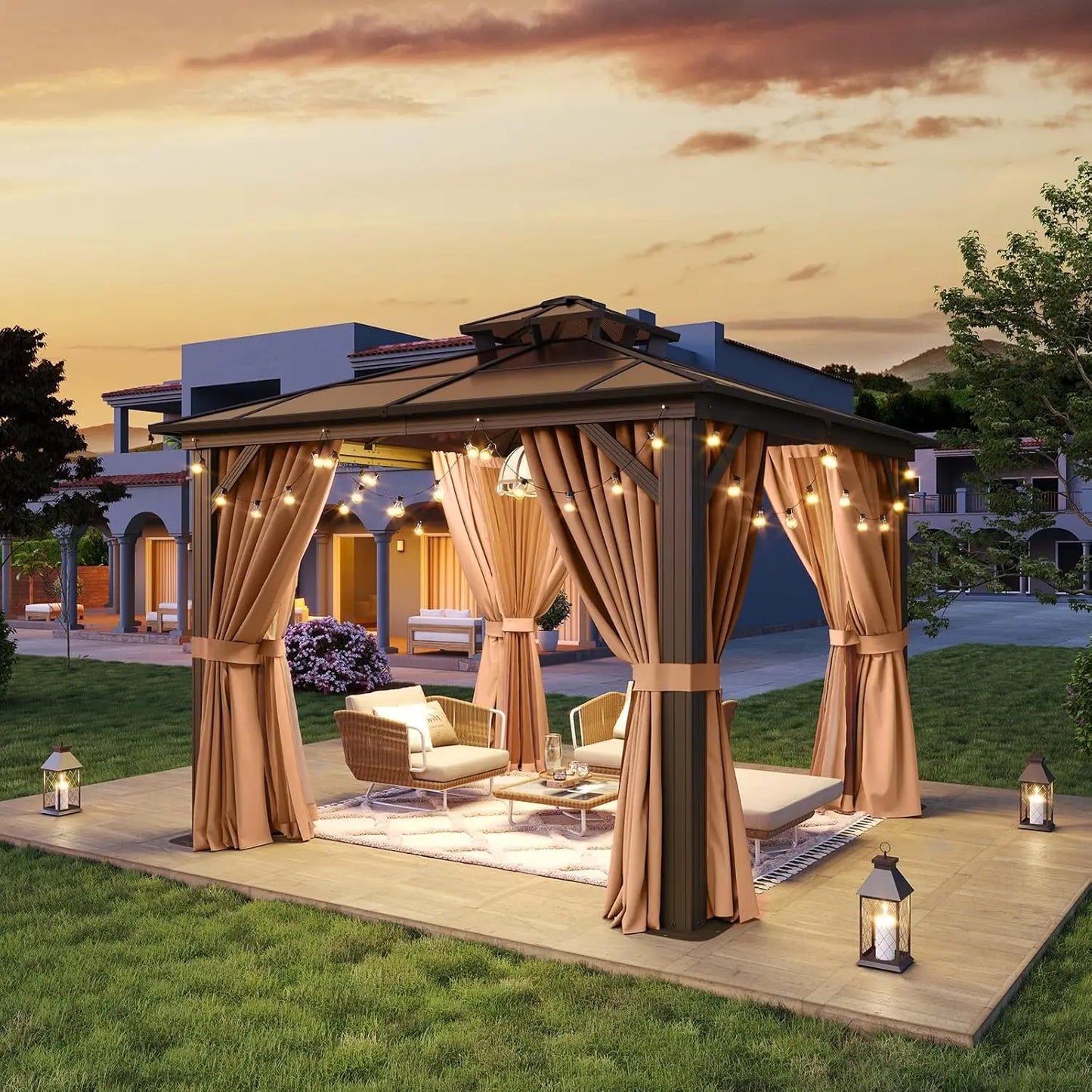Outdoor Aluminum Gazebo With Polycarbonate Double Top Canopy And Netting