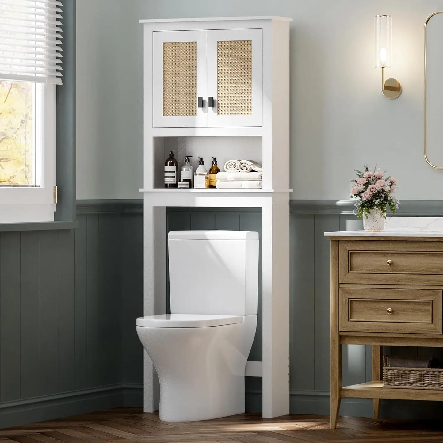 None Farmhouse Over-Toilet Storage Cabinet With Natural Rattan Doors