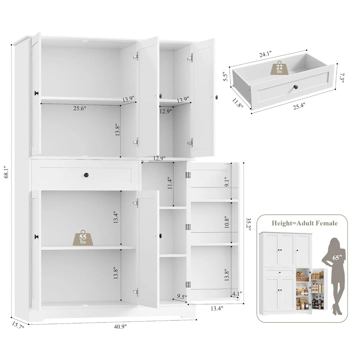 HUANZHUANG Modern Kitchen Pantry Cabinet Freestanding With Doors And Shelves