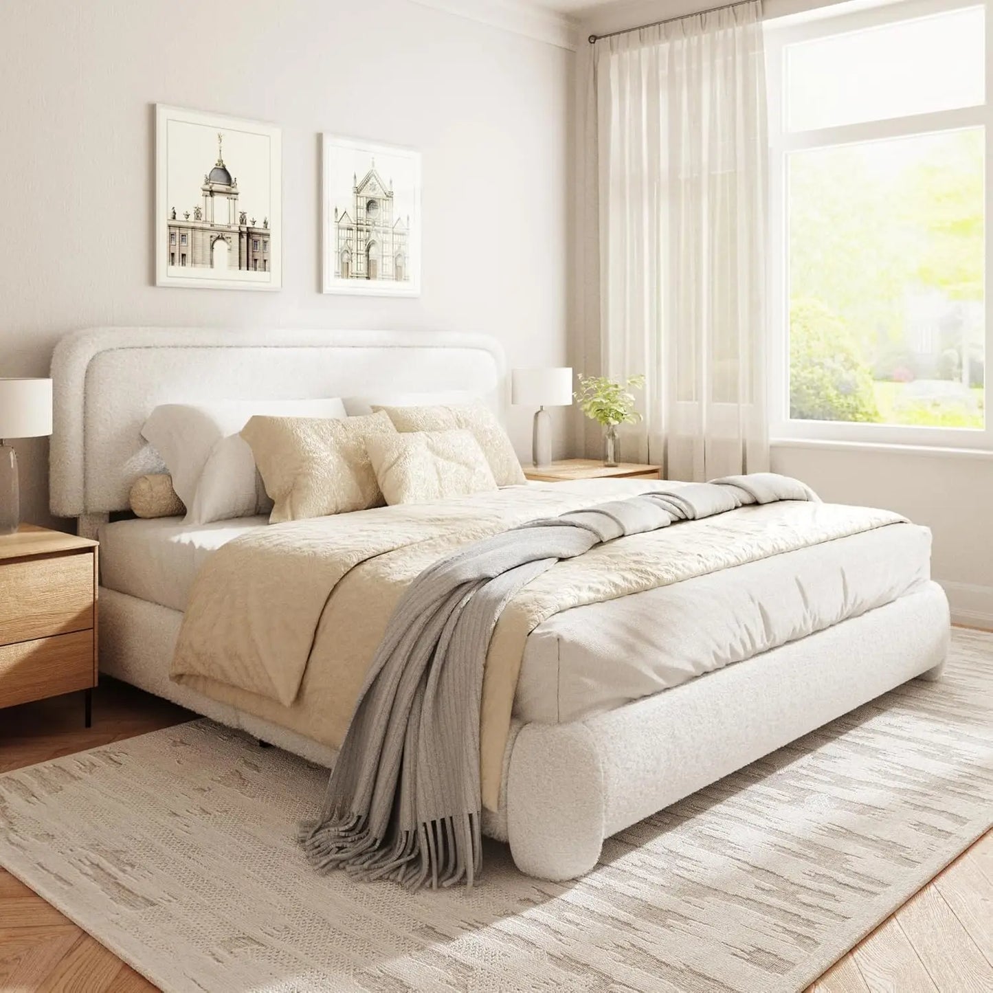 Boucle Upholstered Platform Bed Frame with Adjustable Headboard Rounded Corners