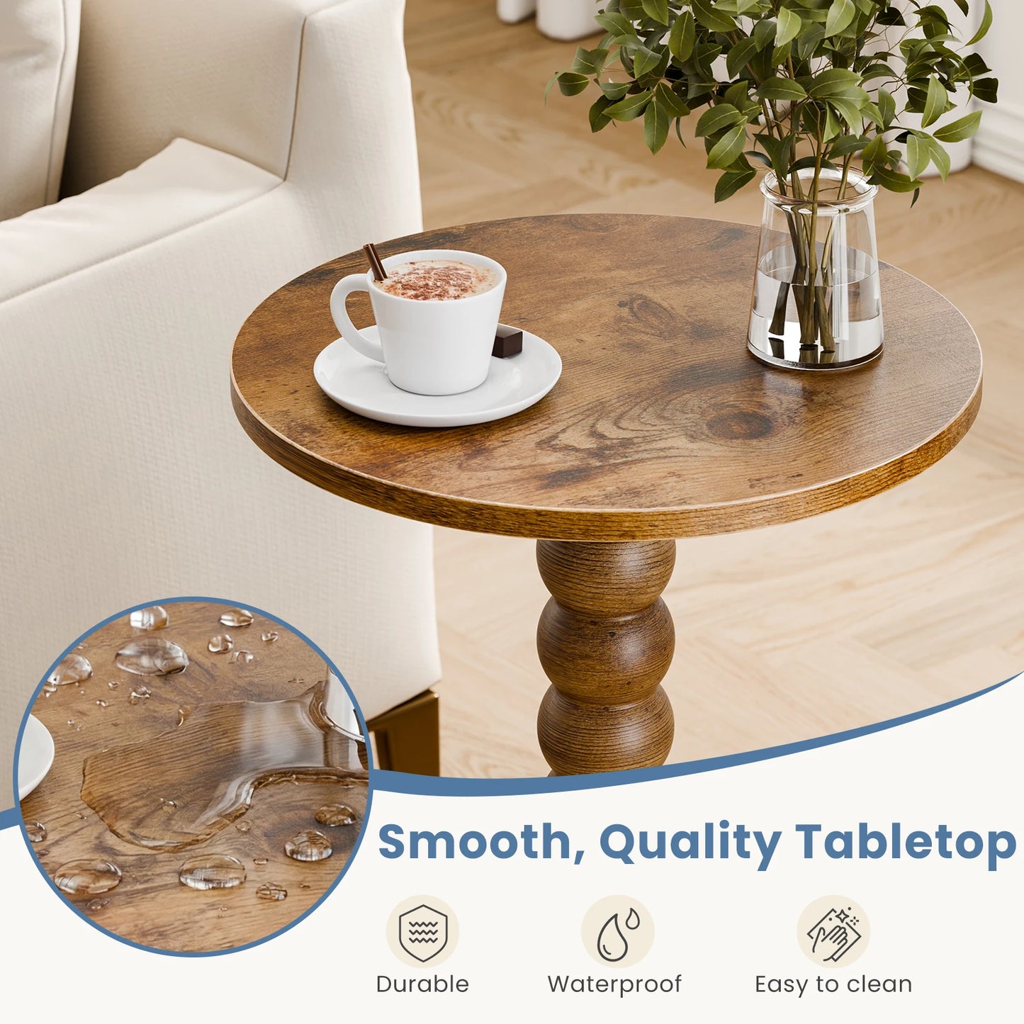 JHK Round Side Table With Solid Wood Legs And Storage