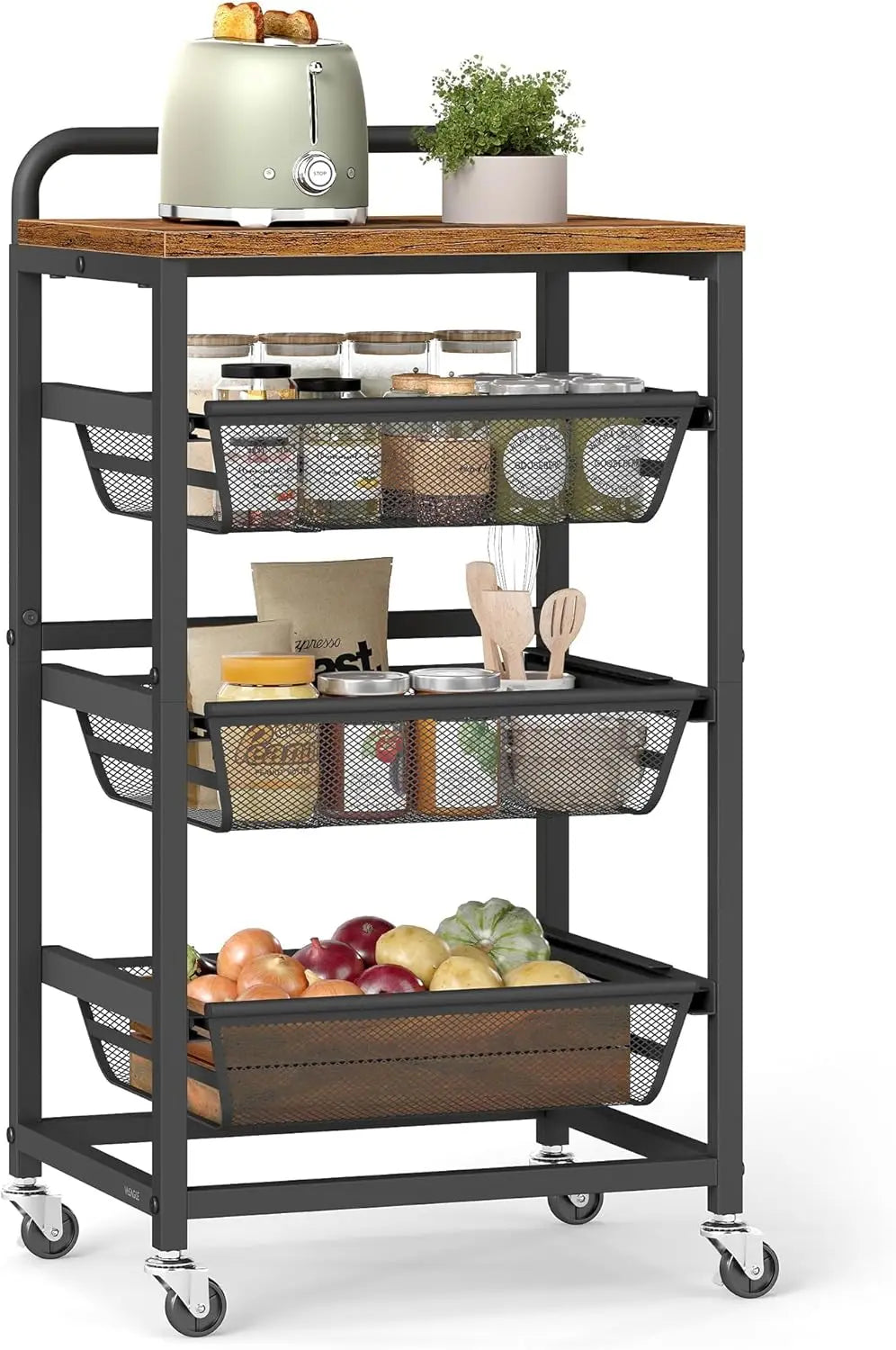 Four-Tier Rolling Kitchen Cart With Pull-Out Baskets And Wheels