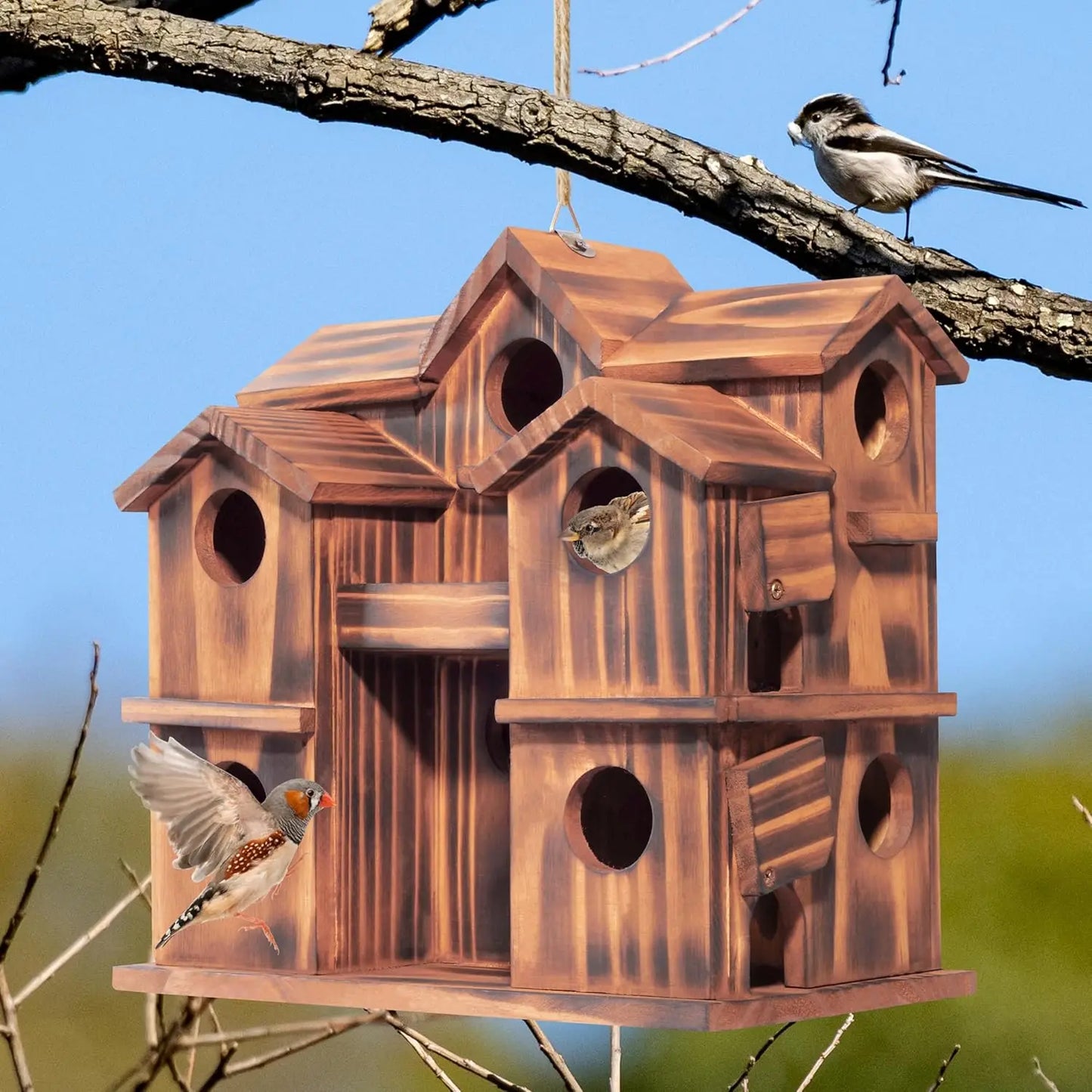 NONE Wooden Bird House 10-Chamber Outdoor Nesting Box