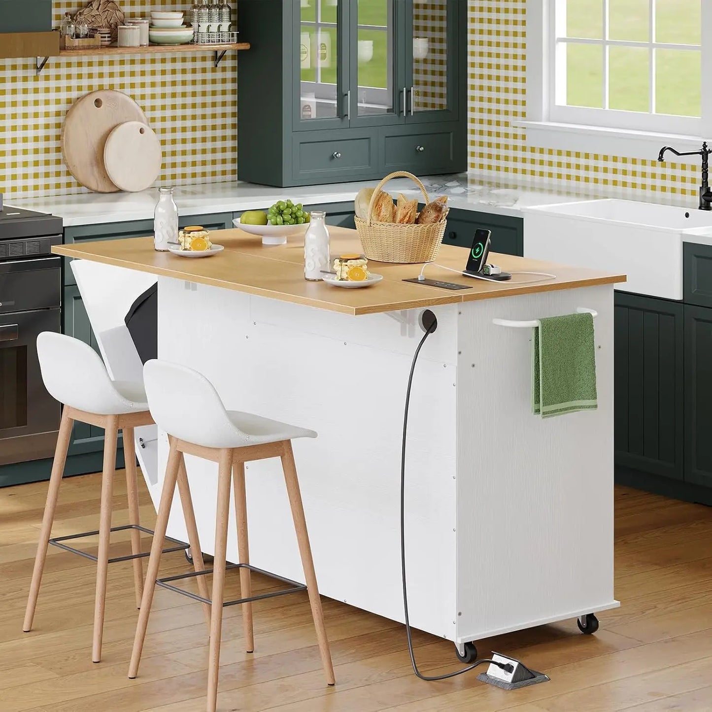 Kitchen Island with Storage Rolling Power Outlet Modern Design