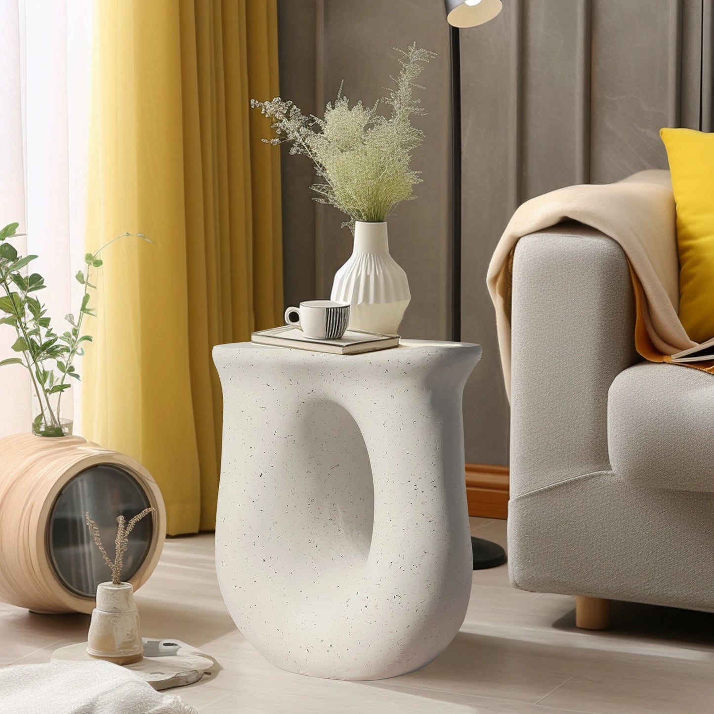 U Shaped Geometric Concrete Side End Table For Living Room