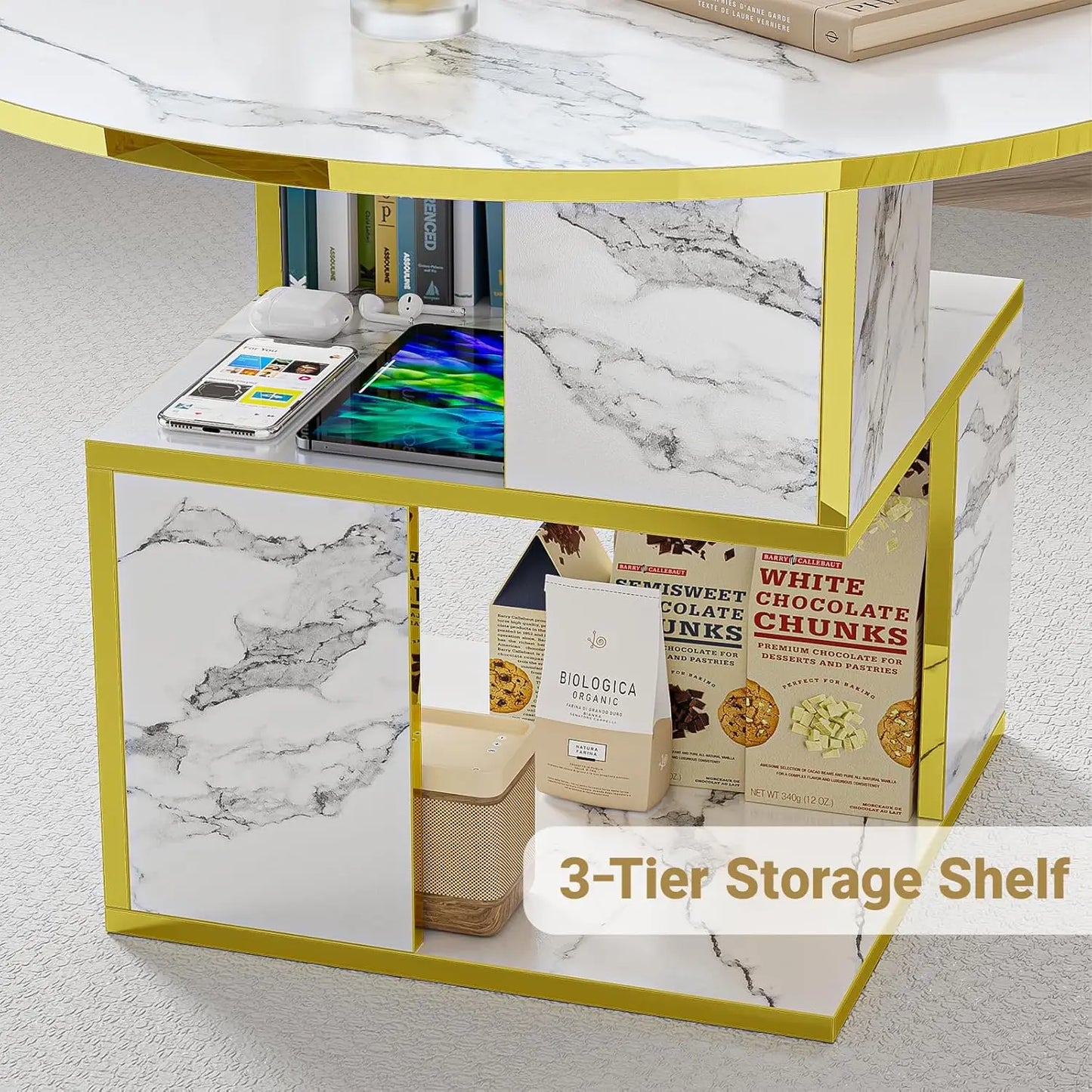 Merronix 3 Tier Round Coffee Table With Storage Marble Top