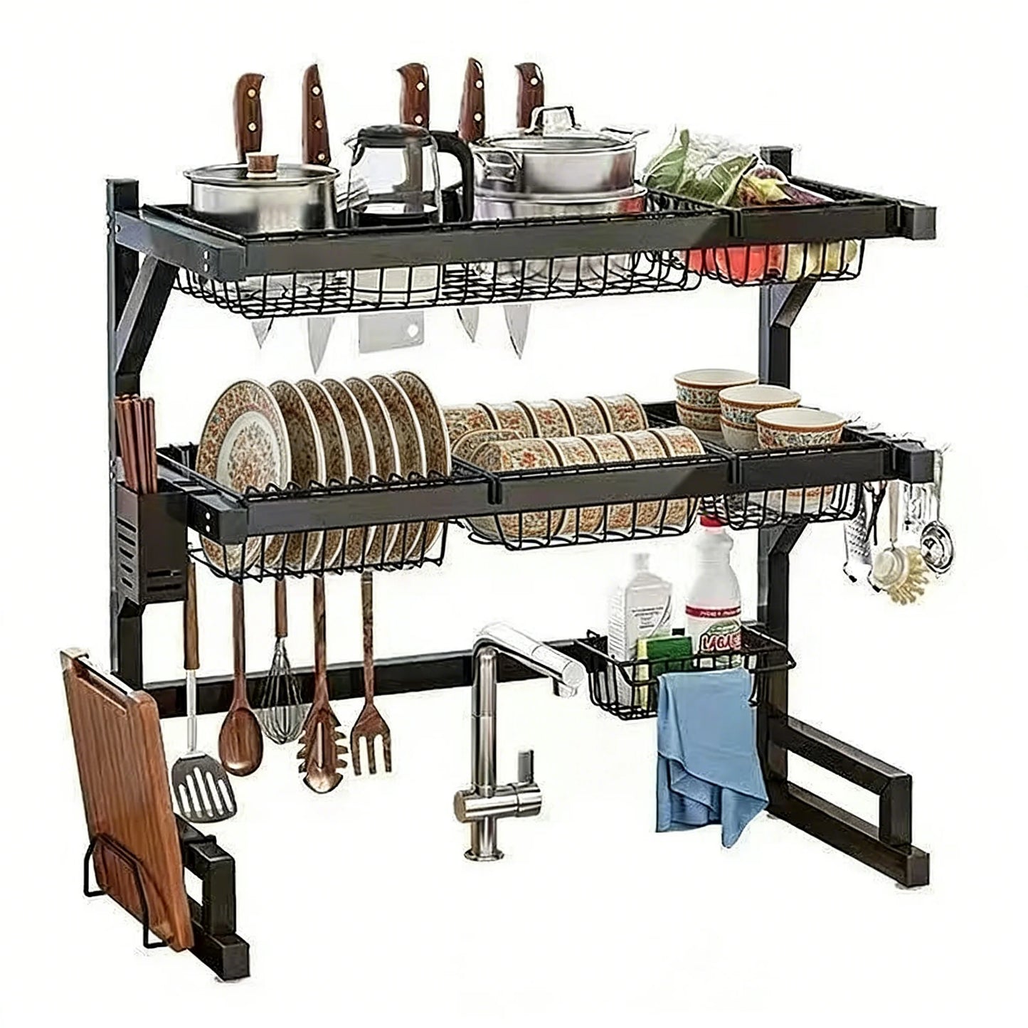 Over Sink Dish Drying Rack With Adjustable Shelves And Hooks