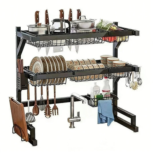 Over Sink Dish Drying Rack With Adjustable Shelves And Hooks