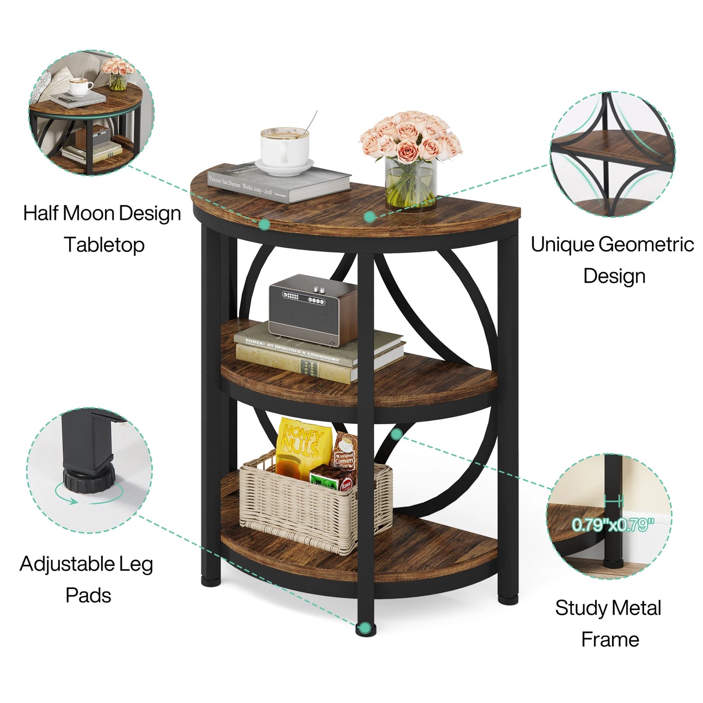 Tribesigns Half Round End Table 3 Tier Storage Metal Frame