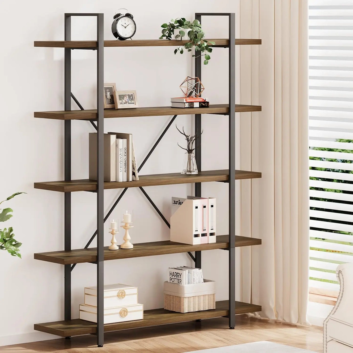 Industrial Modern 5 Tier Bookshelf With Metal Frame And Wood Shelves