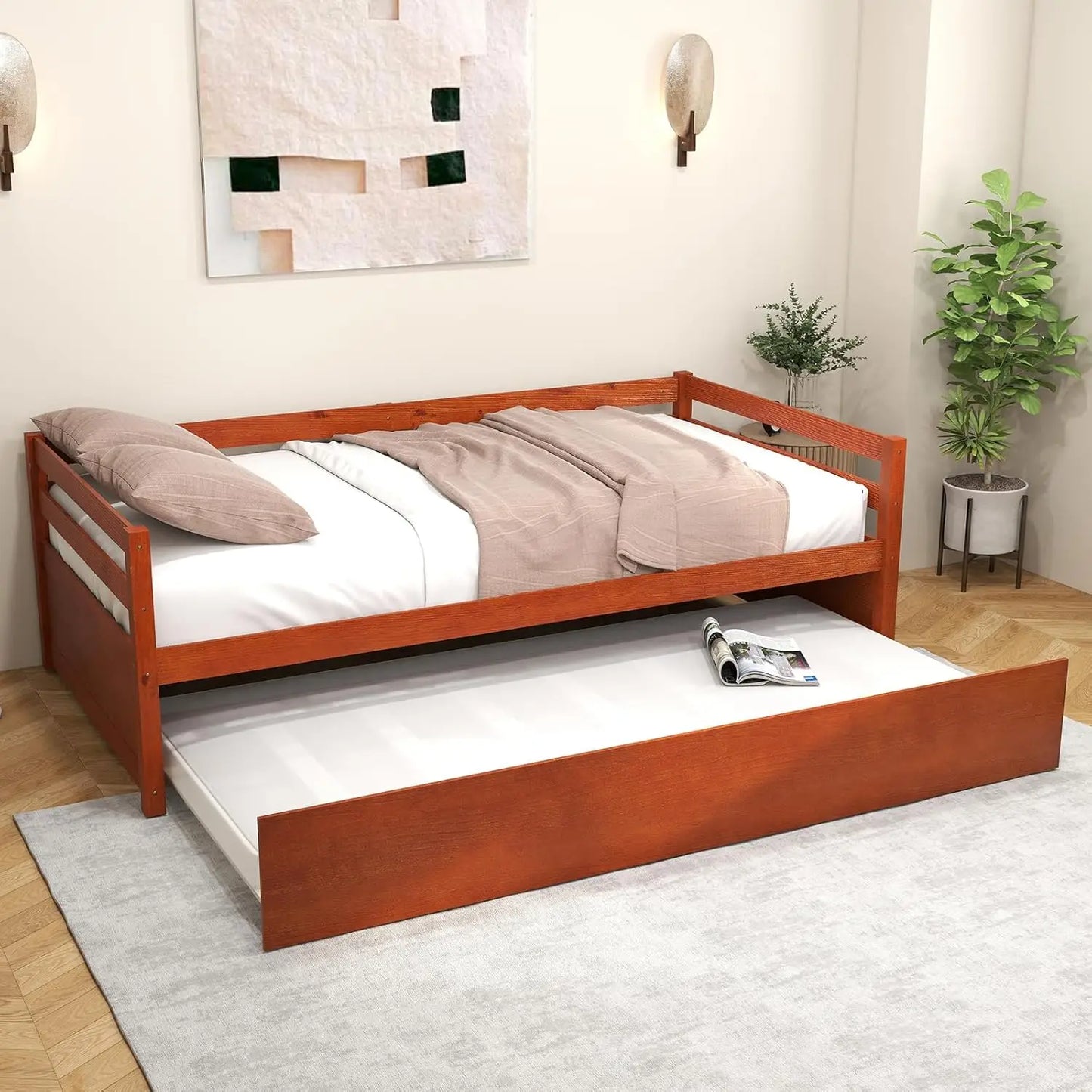 BIANXIANG Wood Trundle Daybed Frame