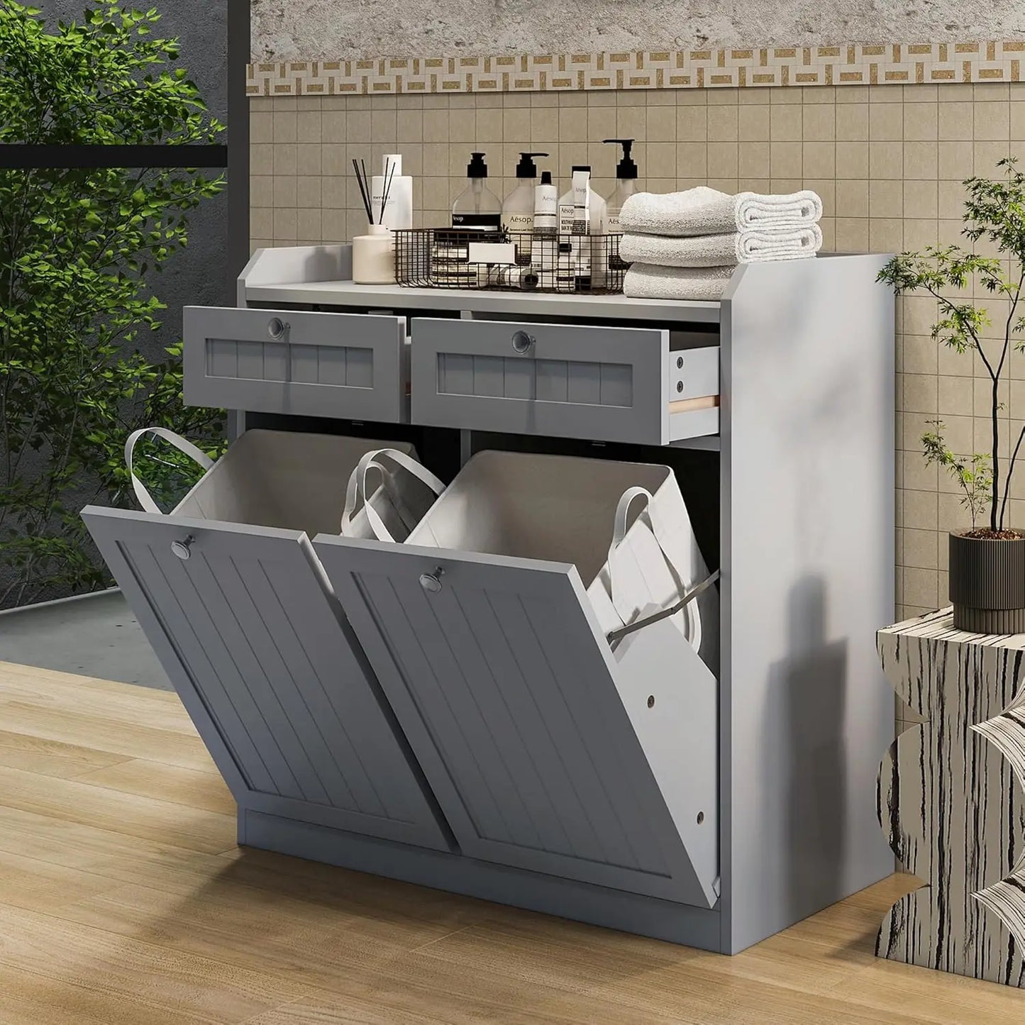Double Tilt Out Trash Can Cabinet With Drawer Wooden Freestanding Pet Proof