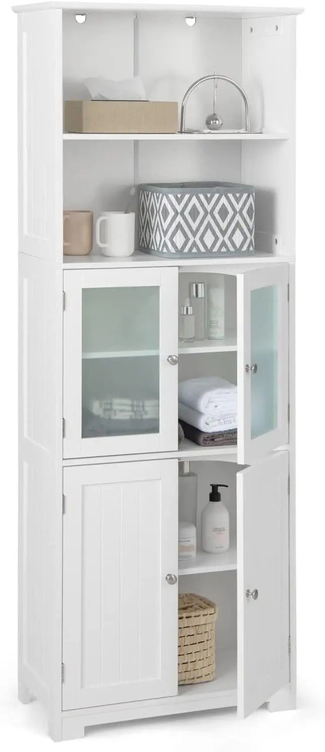 Tall Bathroom Storage Cabinet Freestanding With Glass Doors Shelves