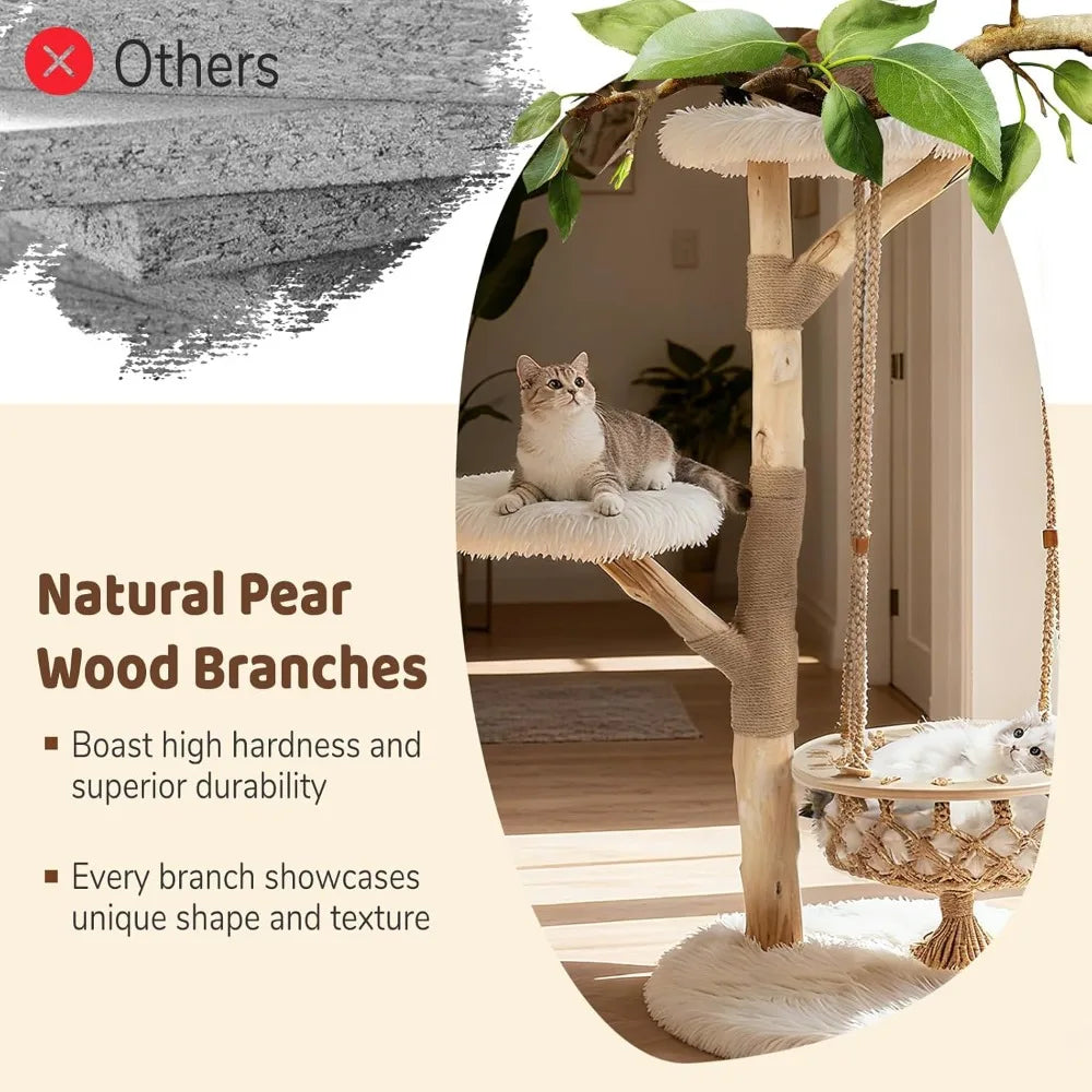 Wood Cat Tree With Multi Level Posts And Hanging Basket