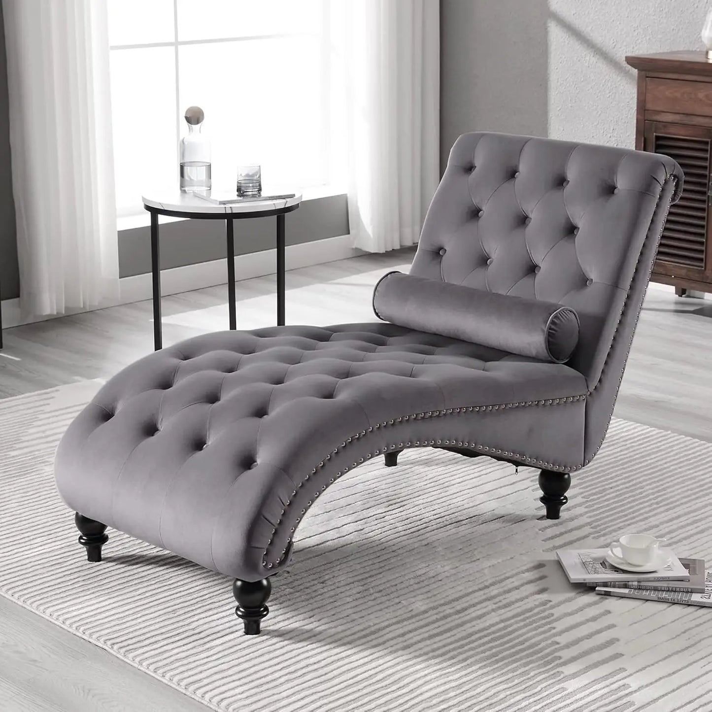 Velvet Tufted Upholstered Chaise Lounge Chair Living Room Modern