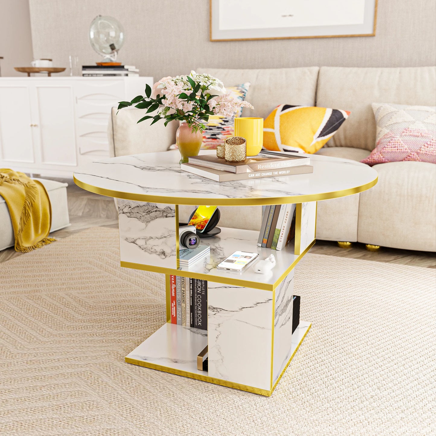 Merronix 3 Tier Round Coffee Table With Storage Marble Top