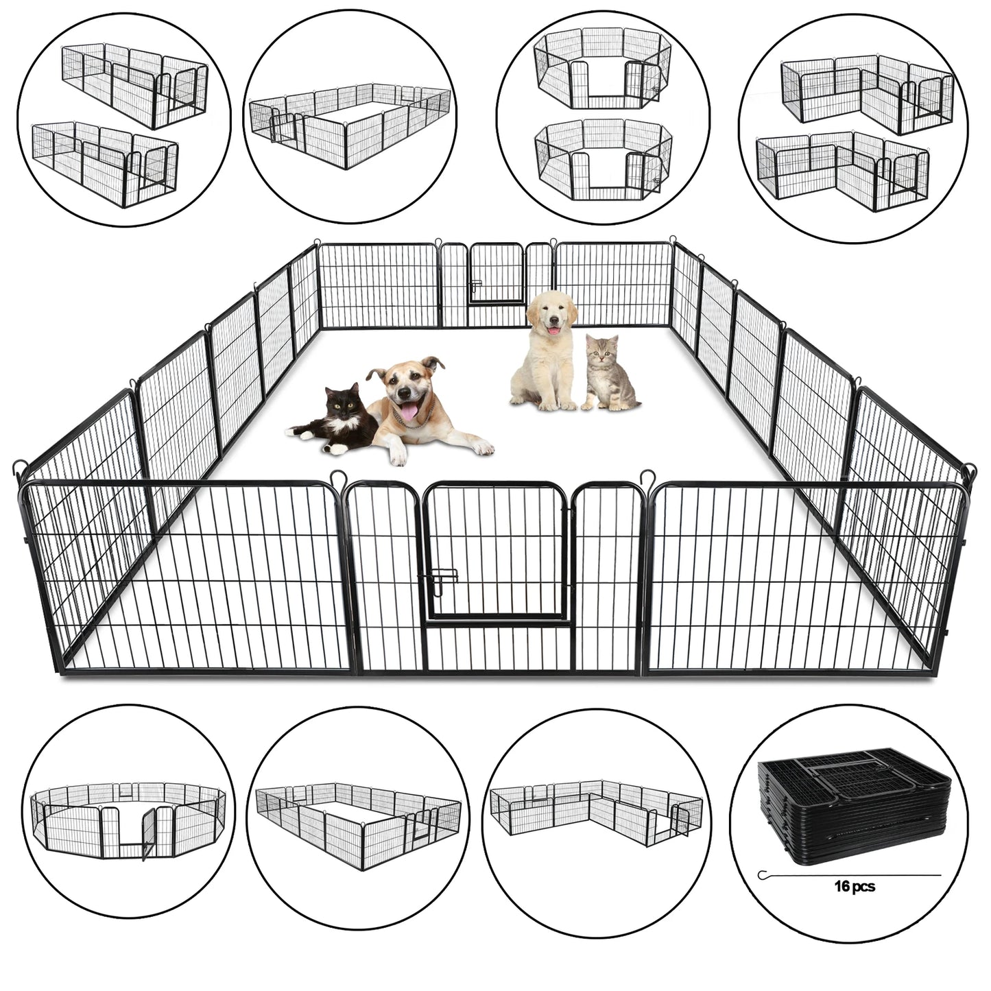 Foldable 16 Panel Metal Dog Playpen Outdoor Pet Fence