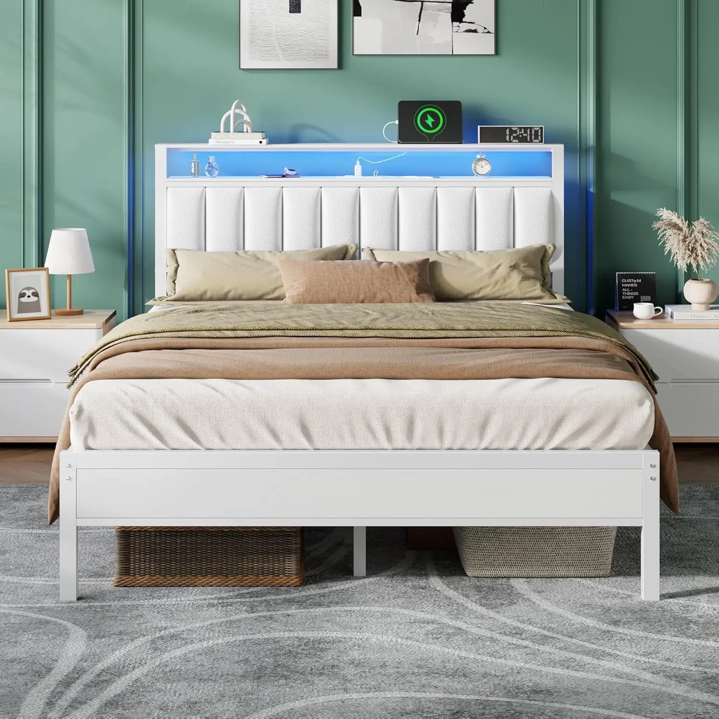 Bed Frame With Charging Station And LED Lights Platform Bed