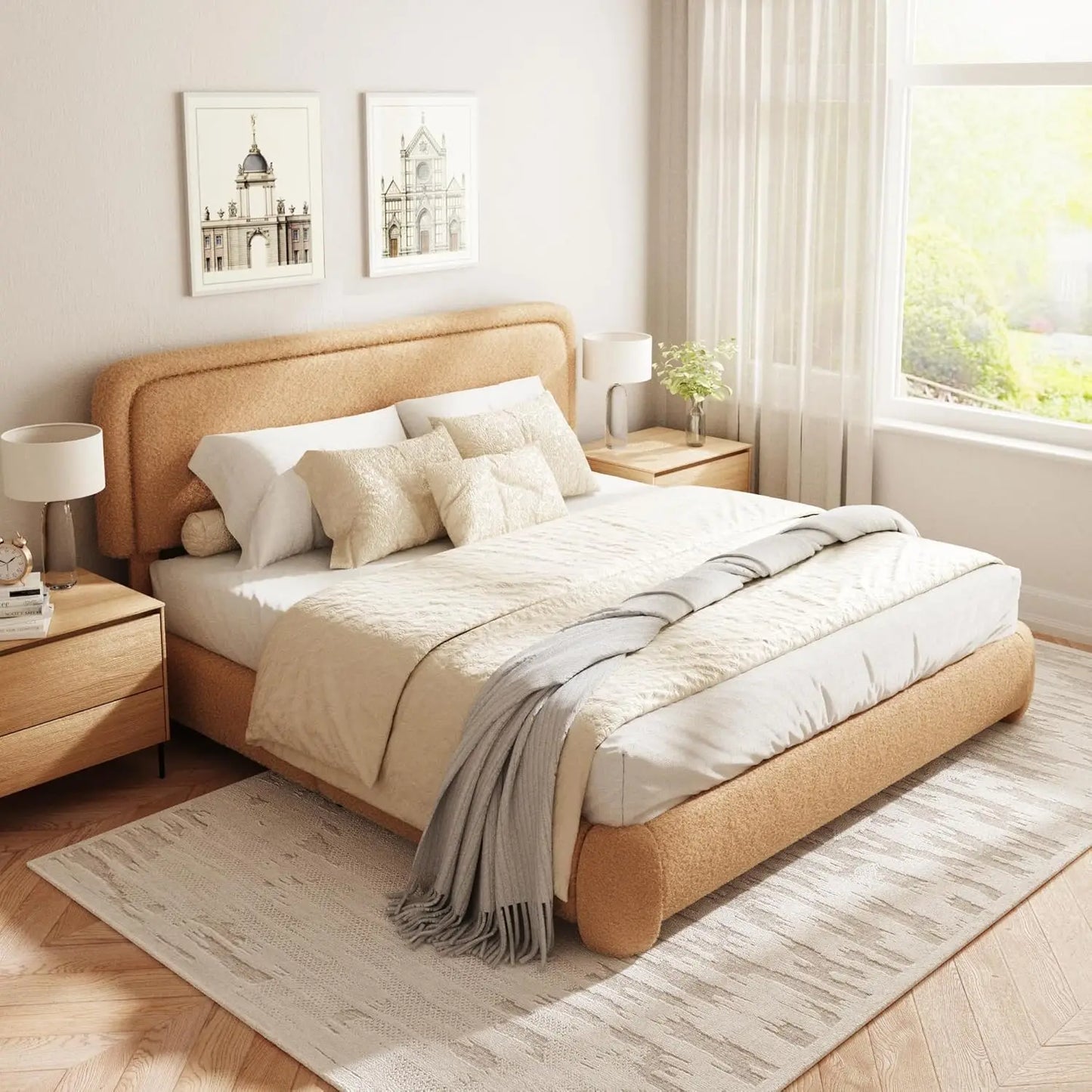 Boucle Upholstered Platform Bed Frame with Adjustable Headboard Rounded Corners