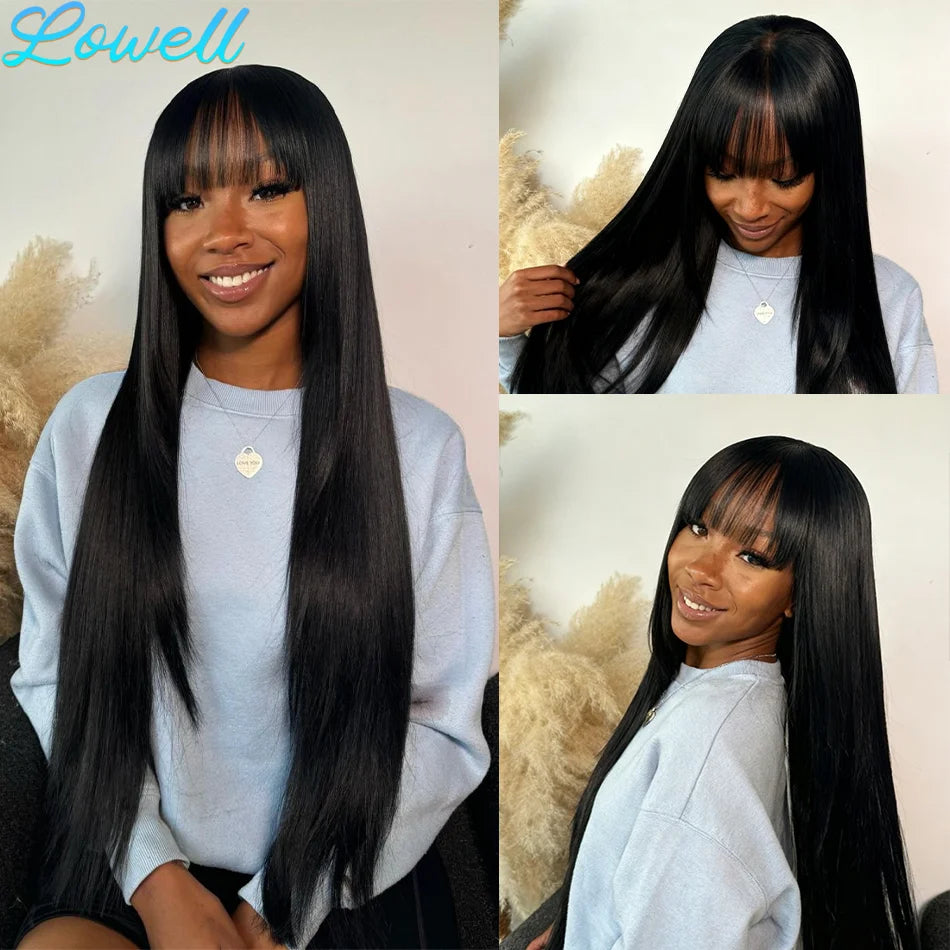 Lowell Bone Straight Brazilian Remy Hair Wig With Bangs Lace