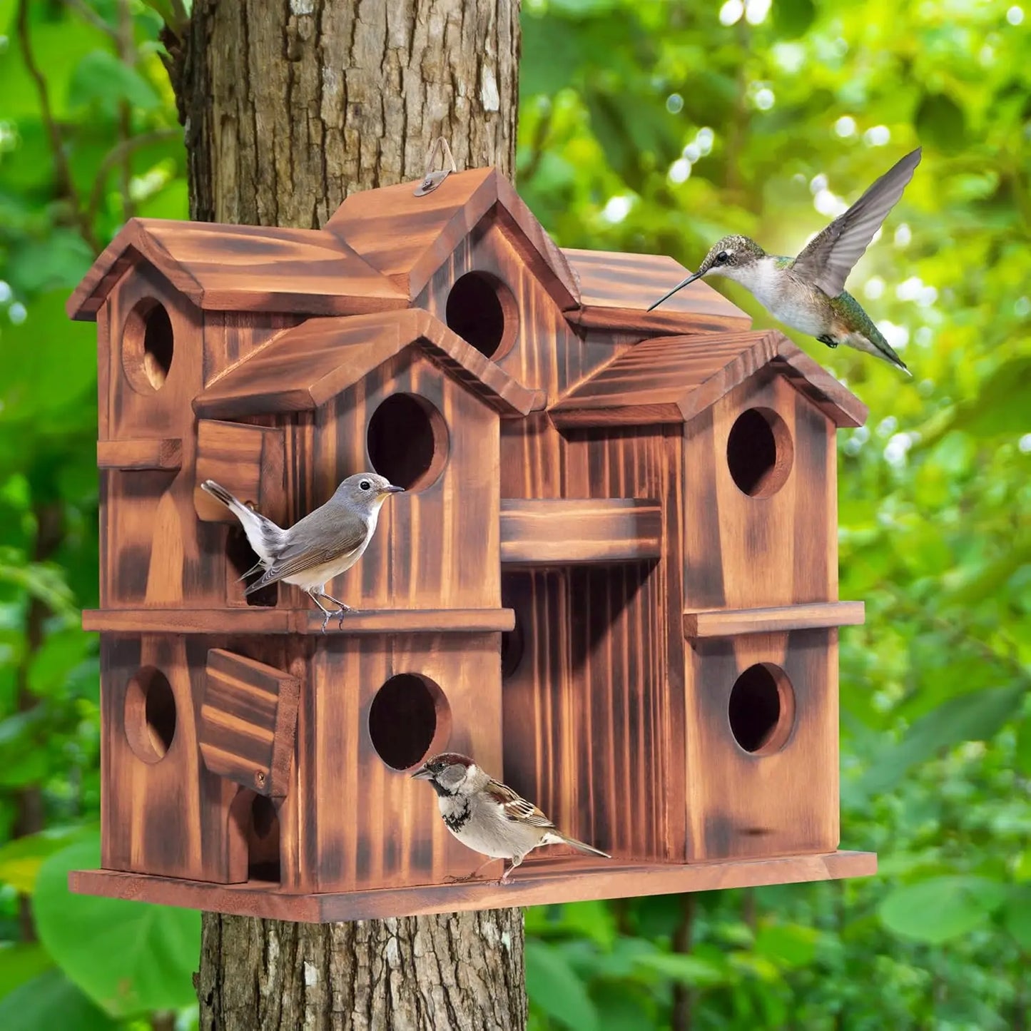 NONE Wooden Bird House 10-Chamber Outdoor Nesting Box