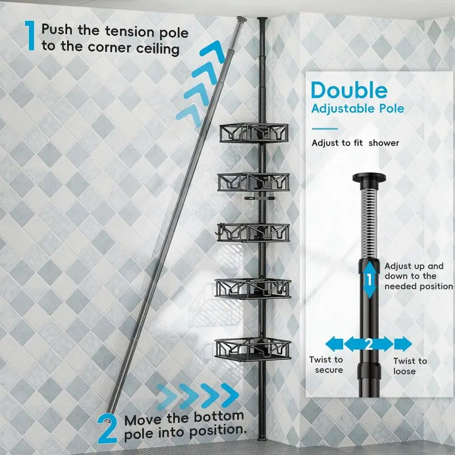 Corner Shower Caddy Organizer With Hooks 5-Tier Tension Pole