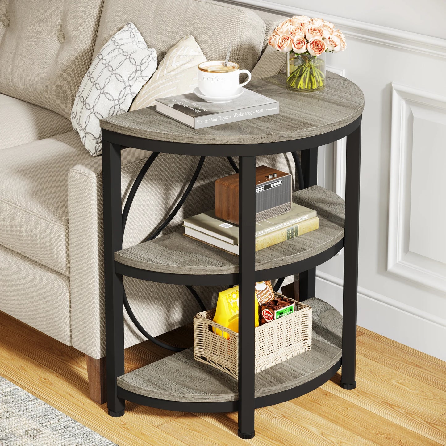 Tribesigns Half Round End Table 3 Tier Storage Metal Frame
