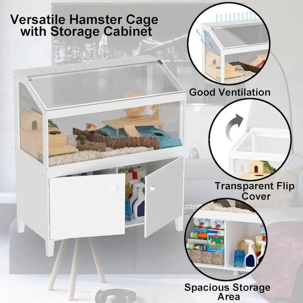 Hamster Cage With Storage Cabinet And Easy View Acrylic Panels