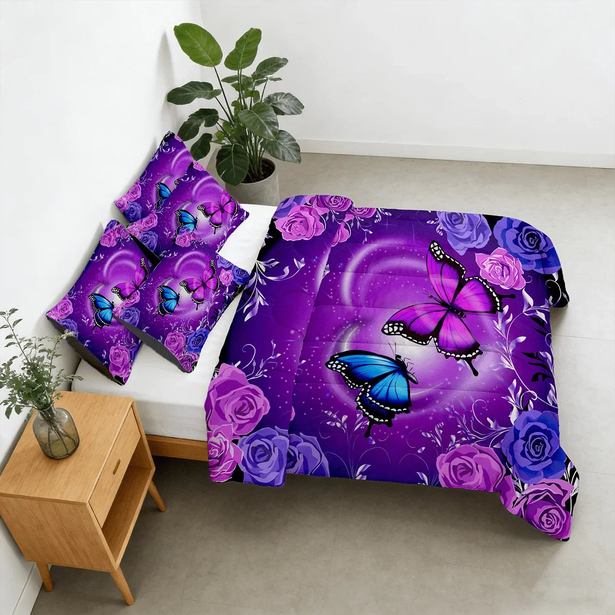 Butterfly Rose Print Bed Comforter Set With Pillowcases