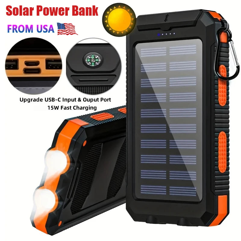 Solar Power Bank 10000mAh Portable Charging Poverbank External Battery Charger Strong Light LDE Light for All Smartphones