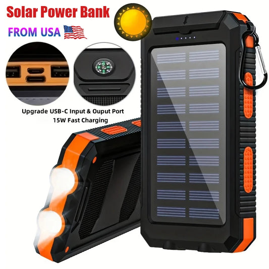 Solar Power Bank 10000mAh Portable Charging Poverbank External Battery Charger Strong Light LDE Light for All Smartphones
