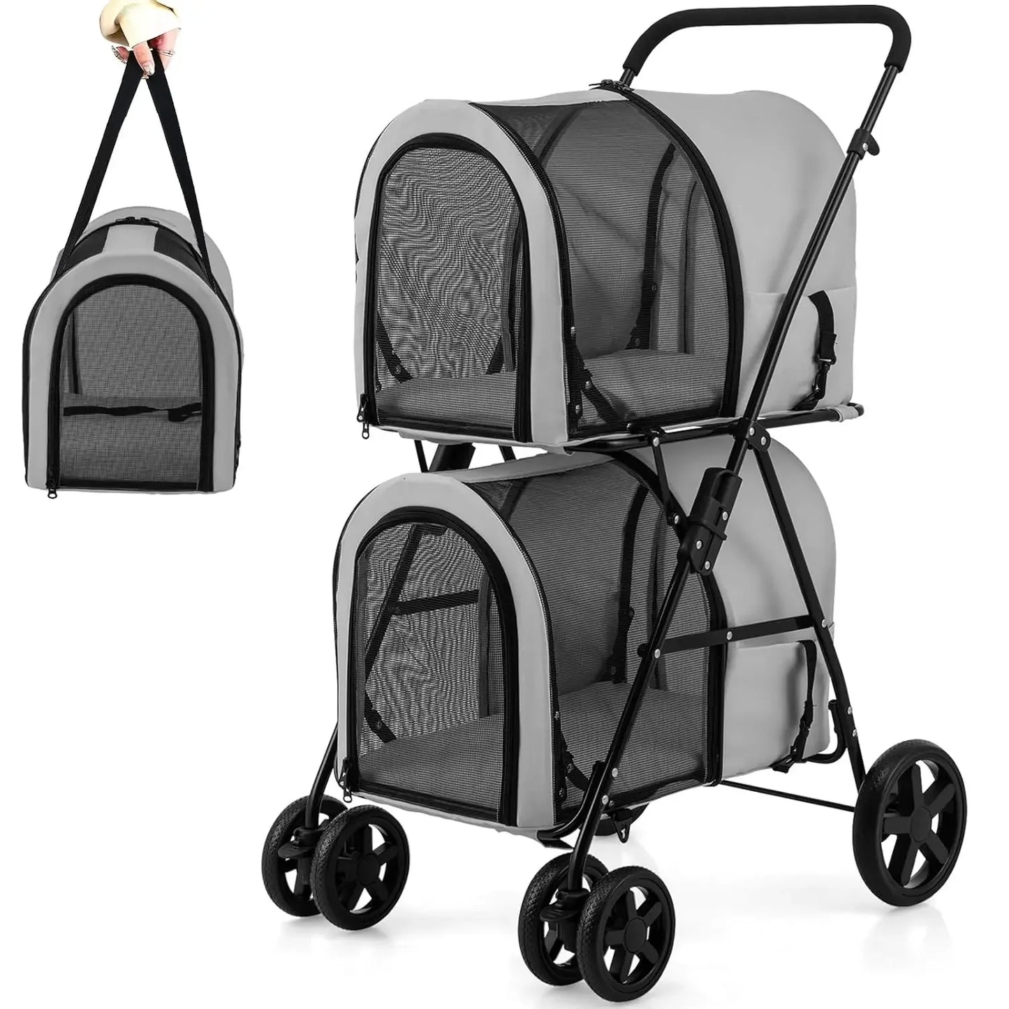 Foldable Double Pet Stroller With Two Removable Carrying Bags