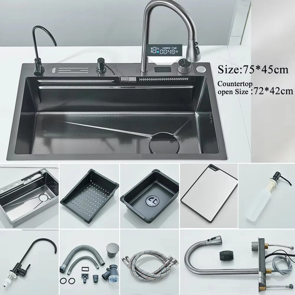MYQualife 304 Stainless Steel Waterfall Sink Faucet Set With Display