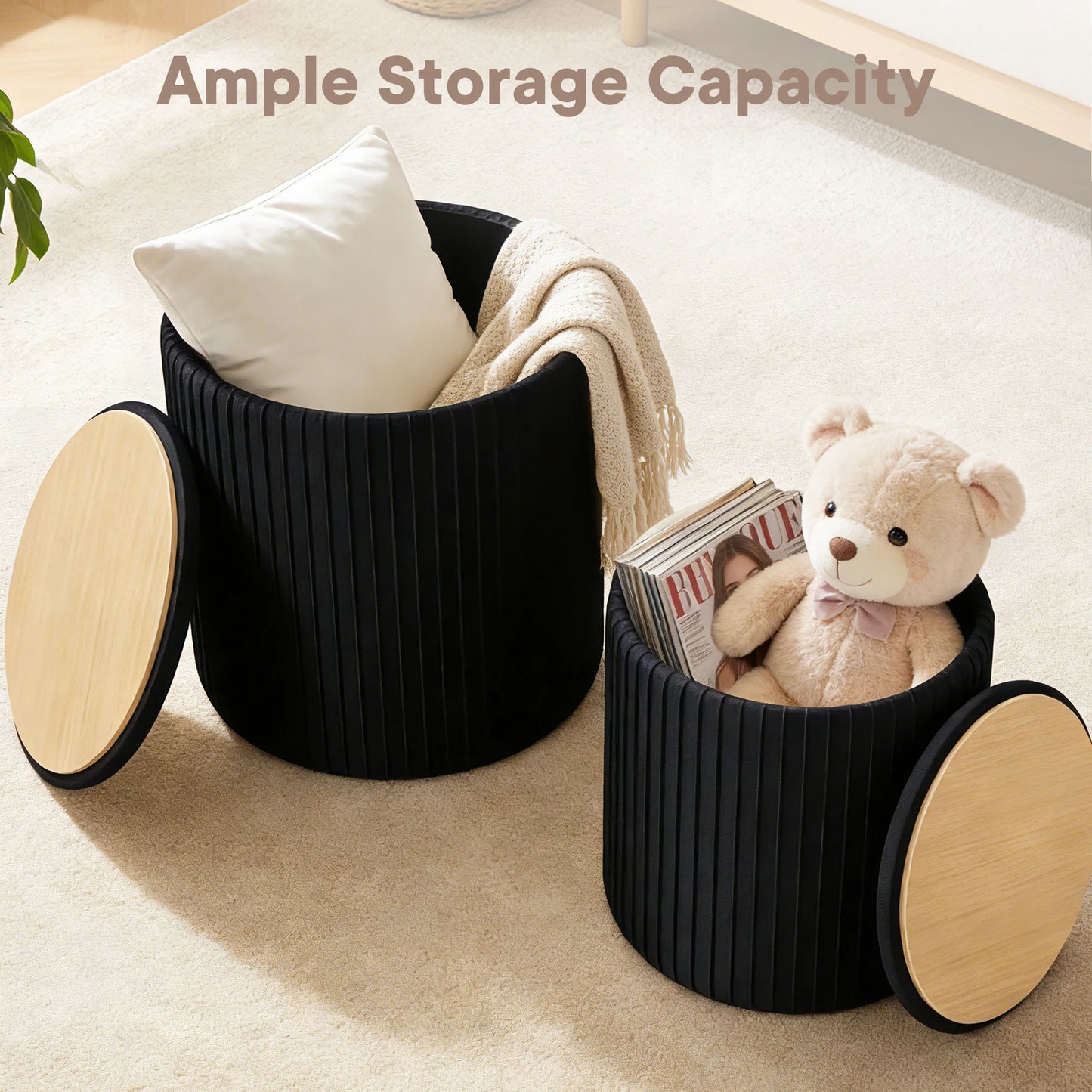 JHK Round Storage Ottoman Set Of 2 With Hidden Compartment