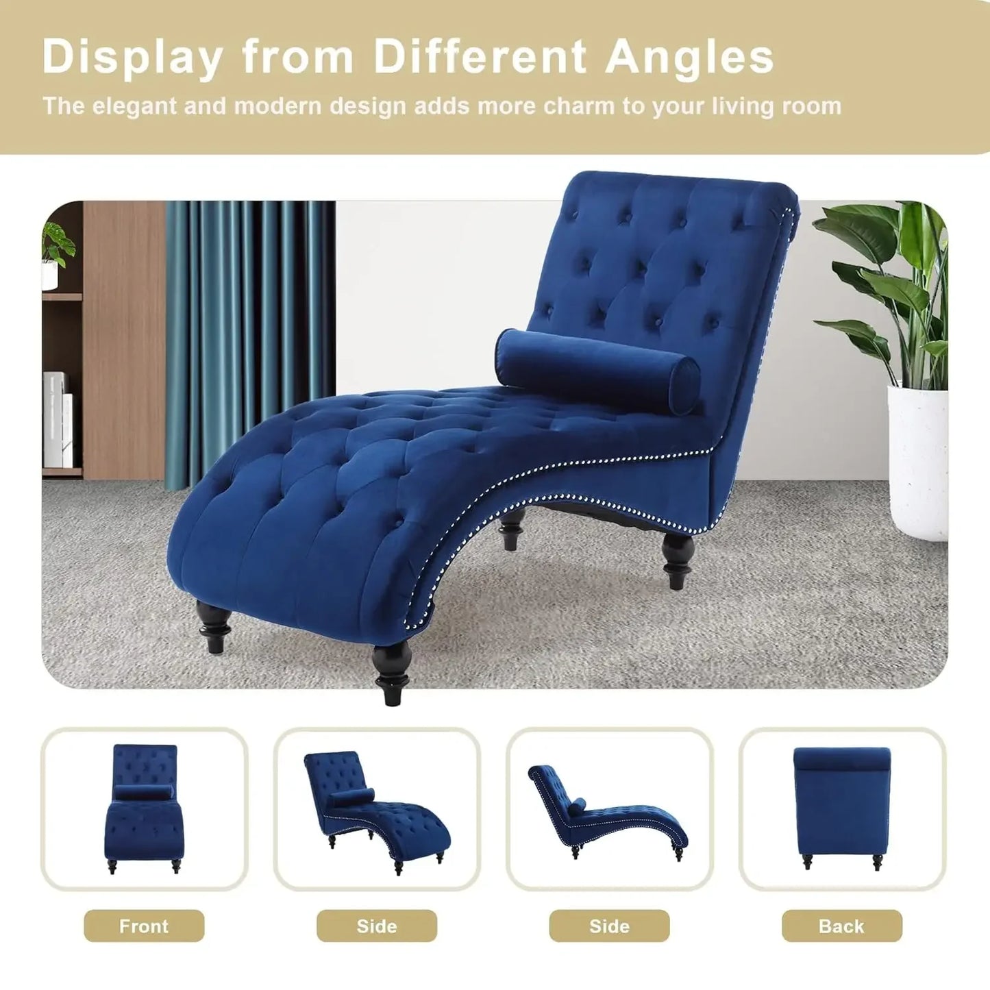 Velvet Button Tufted Chaise Lounge Chair For Living Room