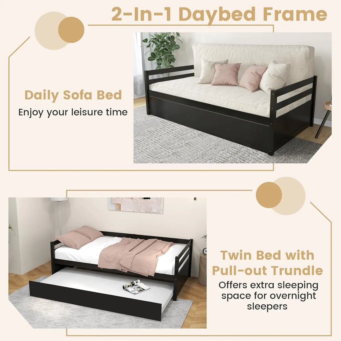 BIANXIANG Wood Trundle Daybed Frame