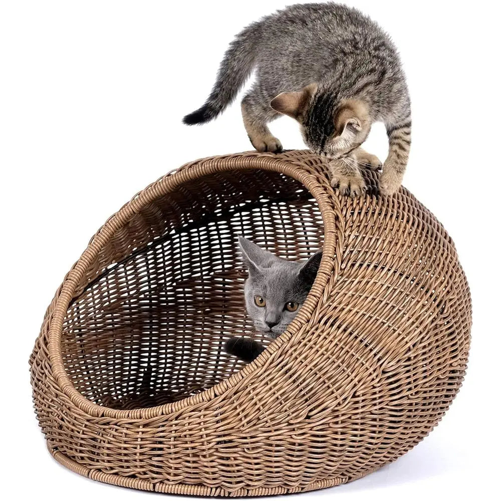 Wicker Cat Bed Dome for Indoor Cats Hideaway Covered Basket