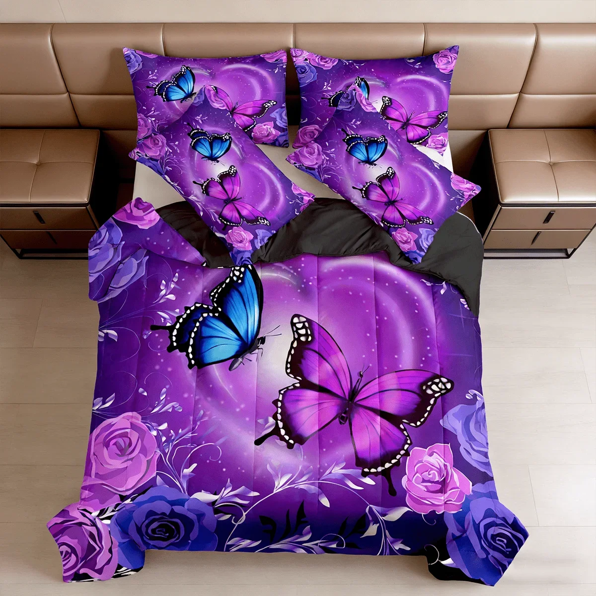 Butterfly Rose Print Bed Comforter Set With Pillowcases