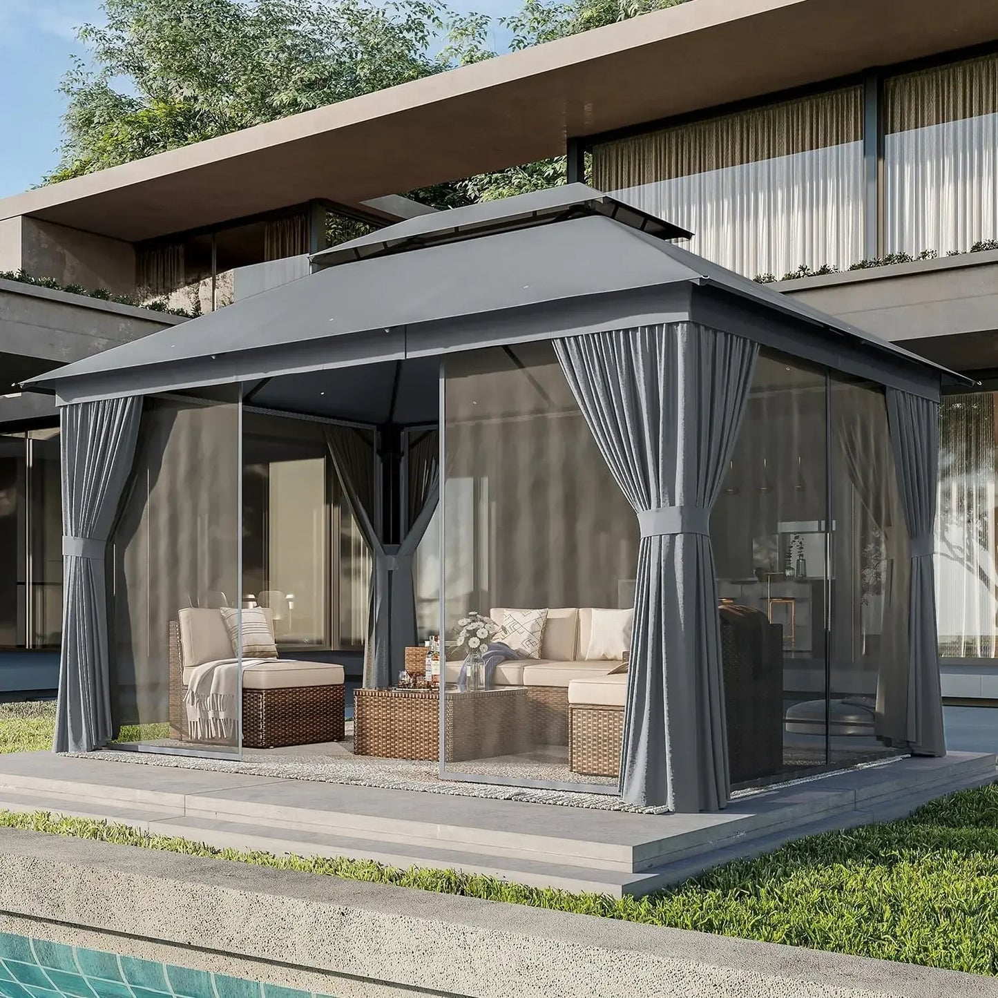 Outdoor Gazebo Shelter With Double Roofs For Patio