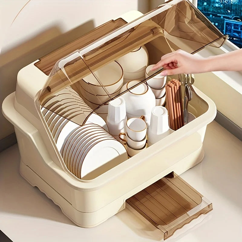 Lidded Dish Rack With Drainboard For Countertop And Cabinet Storage