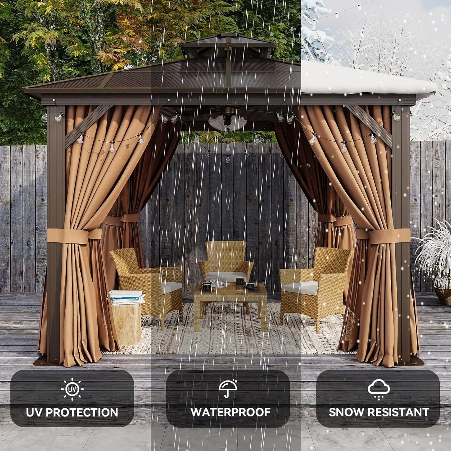 Outdoor Aluminum Gazebo With Polycarbonate Double Top Canopy And Netting