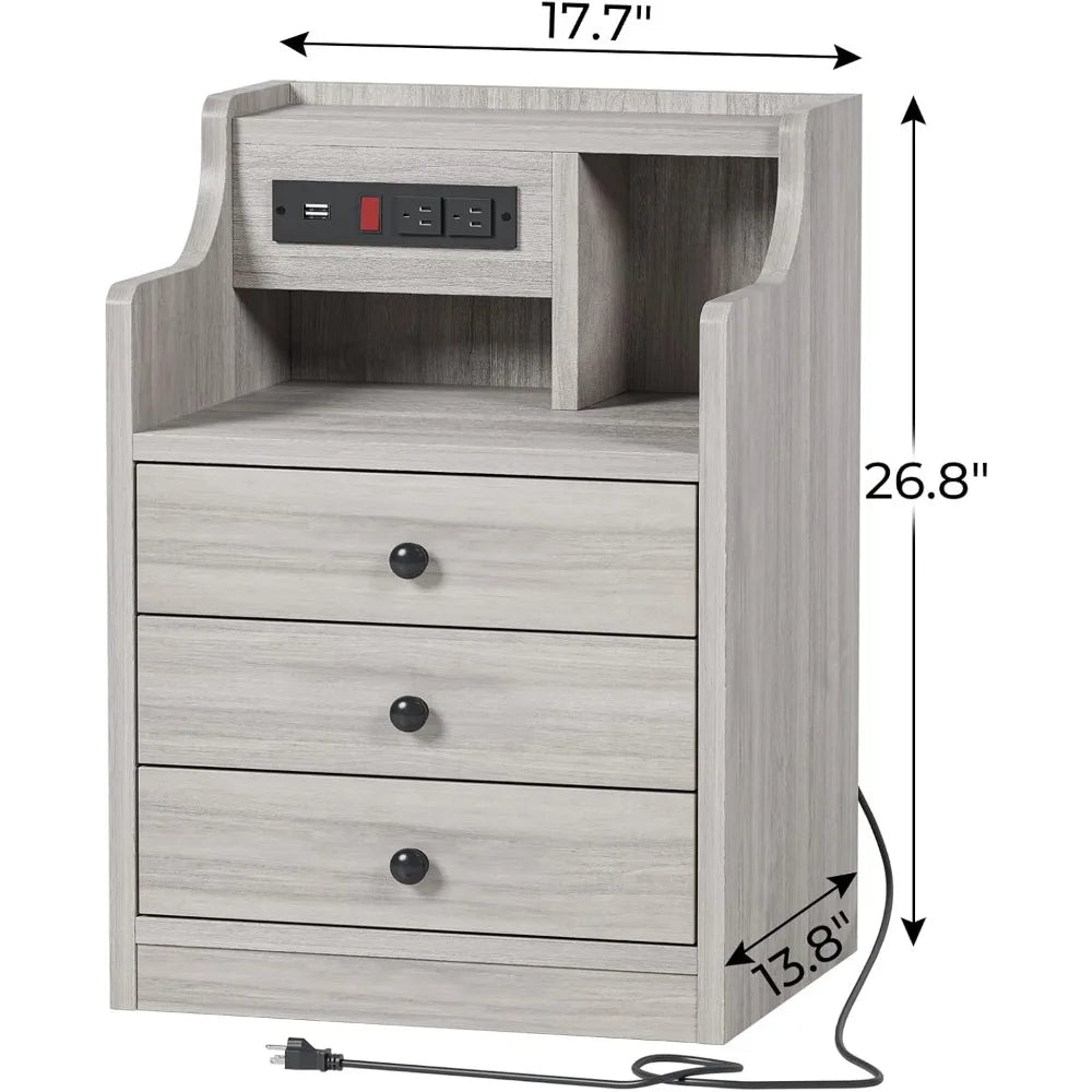 Nightstand With Charging Station And Hutch Storage Drawers
