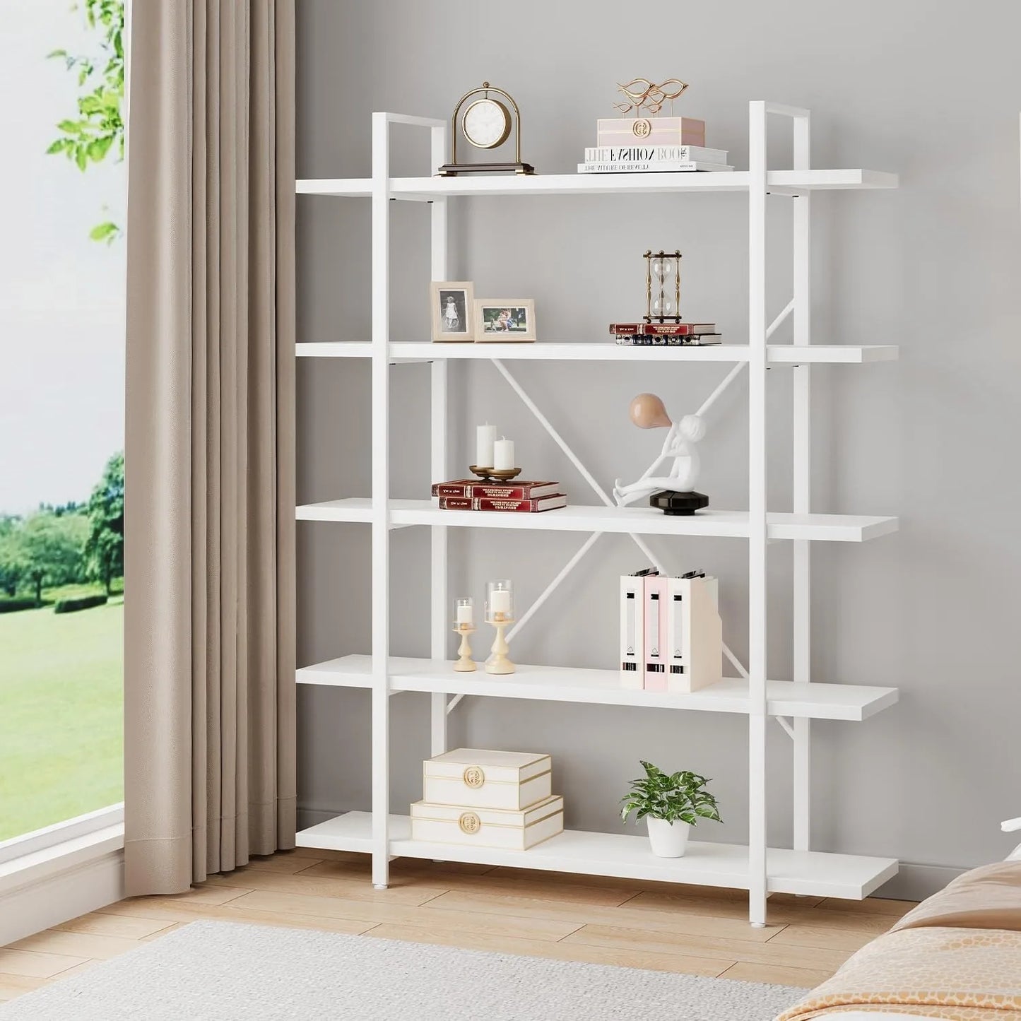 Industrial Modern 5 Tier Bookshelf With Metal Frame And Wood Shelves