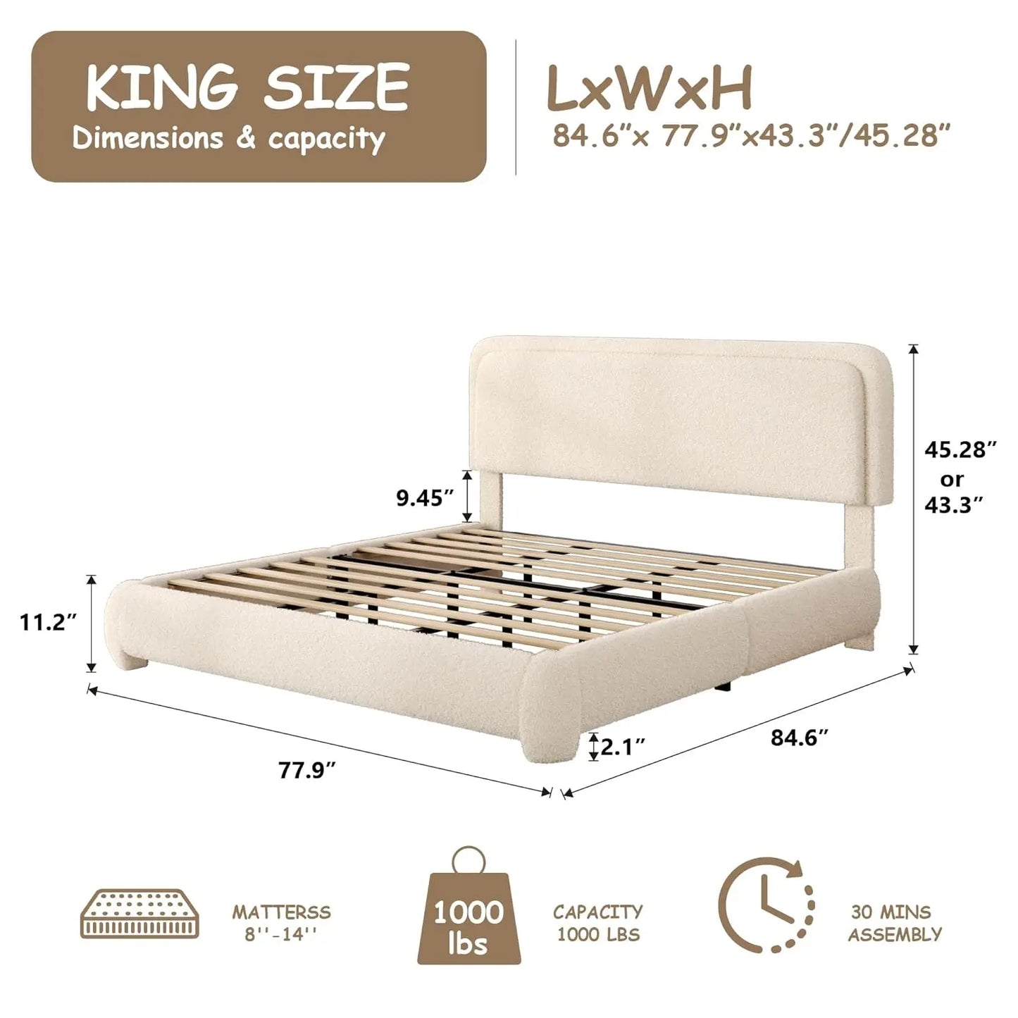 Boucle Upholstered Platform Bed Frame with Adjustable Headboard Rounded Corners