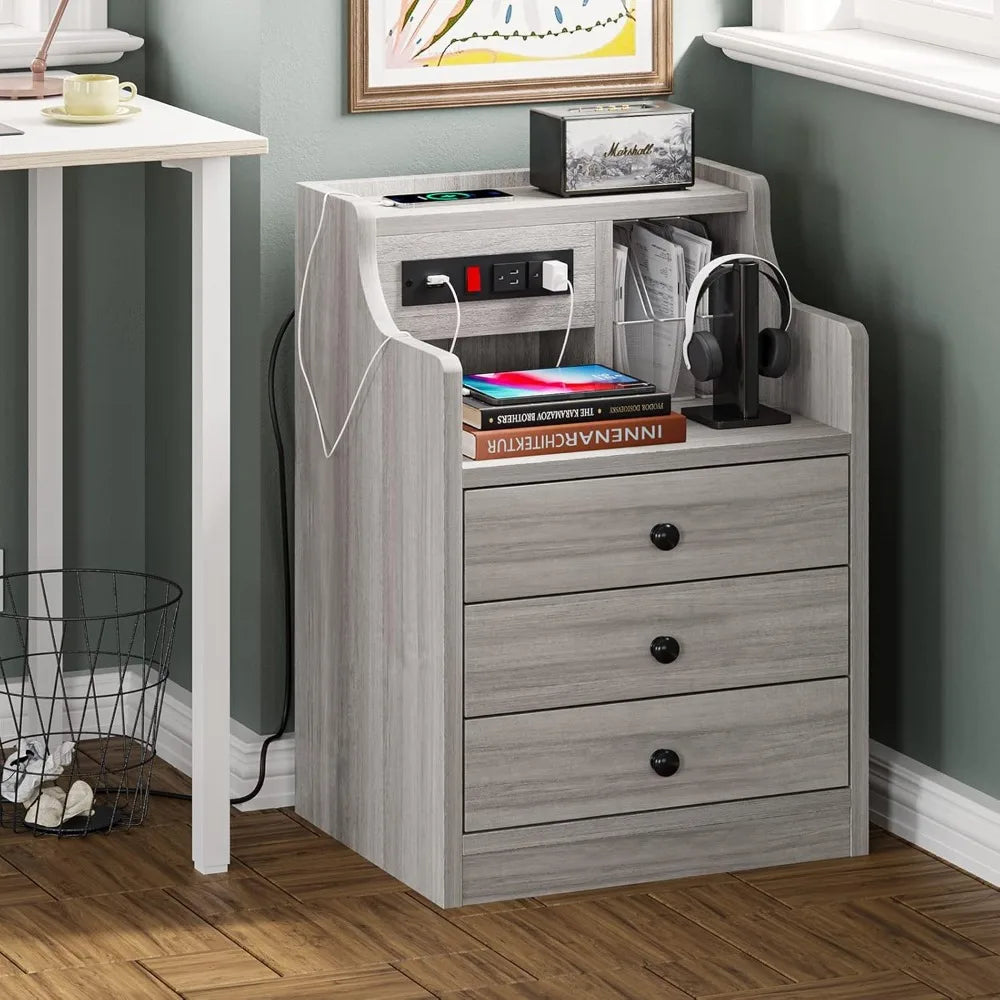 Nightstand With Charging Station And Hutch Storage Drawers