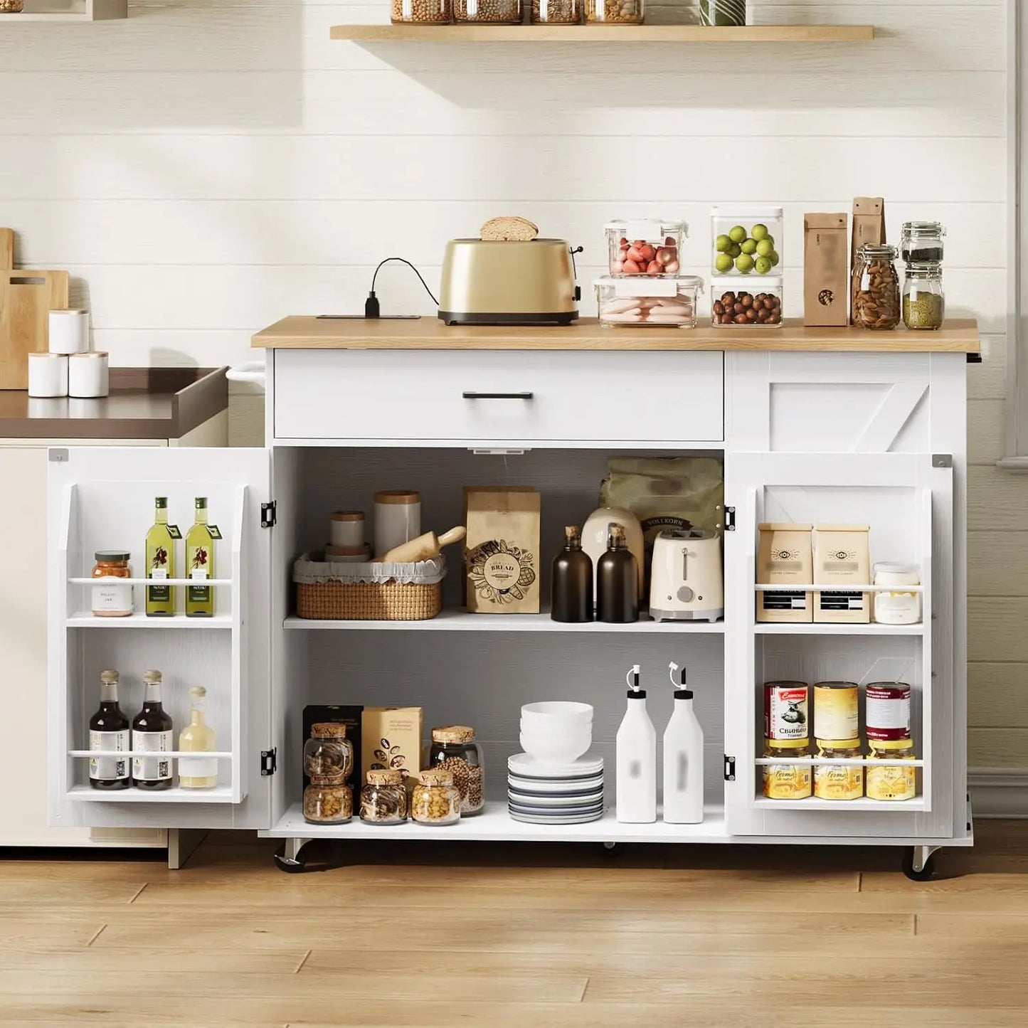 Kitchen Island with Storage Rolling Power Outlet Modern Design
